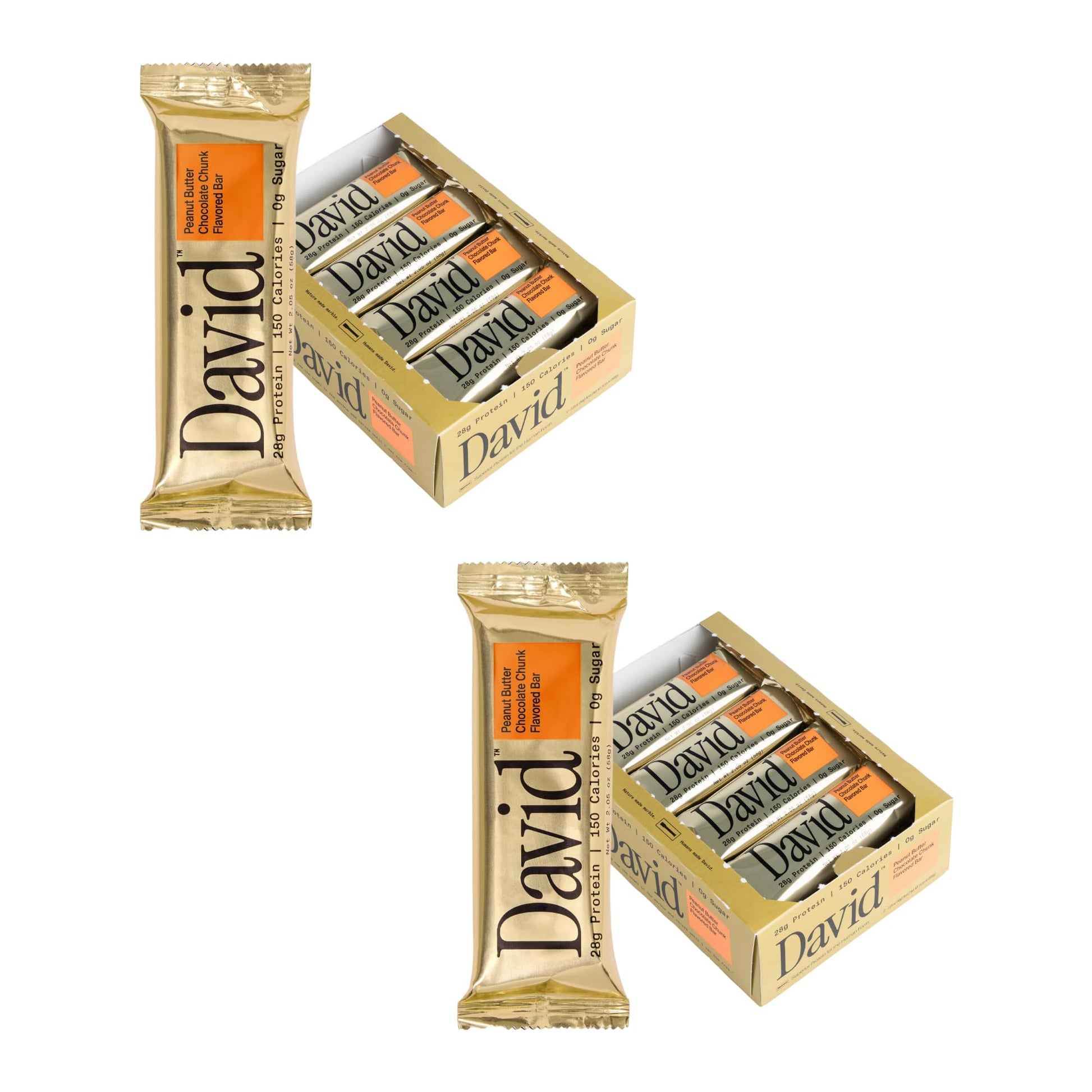 David Protein Bar  Peanut Butter Chocolate Chunk  24 Protein Bars | 28g of Protein | 150 Calories | 0g of Sugar - High Protein  Low Carb  Gluten Free Protein Bar  Pack of 24