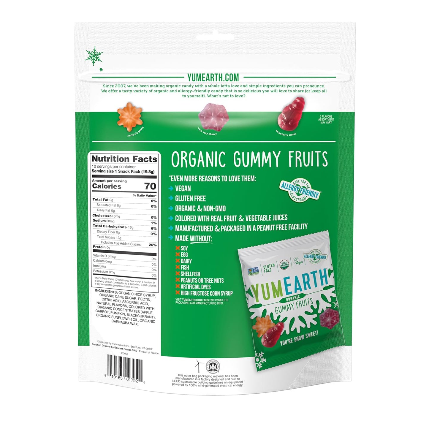 Yumearth Organics Holiday Fruit Gummies, Cherry/Peach/Strawberry, 0.7 Oz, Pack Of 10