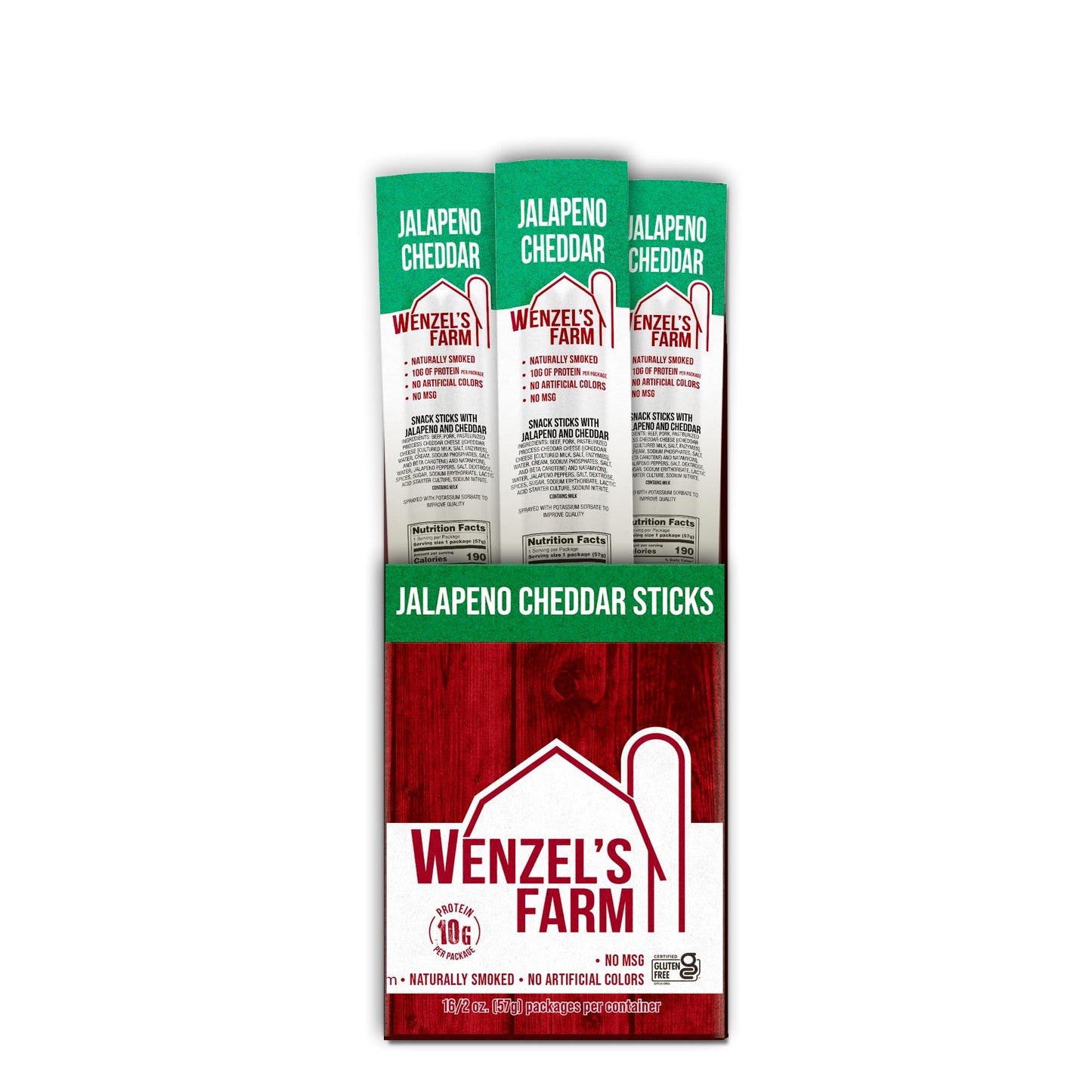 Wenzels Farm Jalapeno Cheddar Snack Sticks, Gluten-Free, High Protein, Low Carb, 32 Sticks (16 Packs of 2)