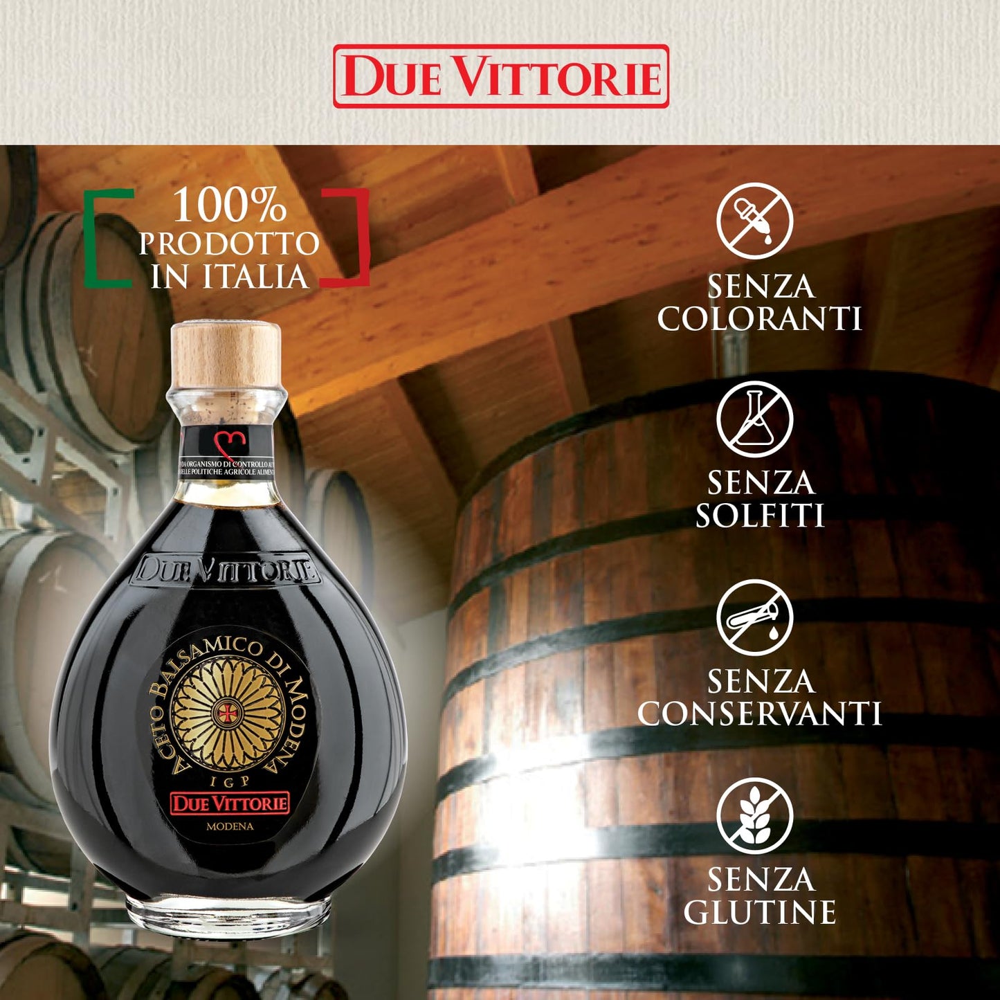 Due Vittorie Balsamic Vinegar, Barrel Aged, 8.45 fl oz / 250ml, IGP Modena, All-Natural, Cork Pourer, Extra Dense