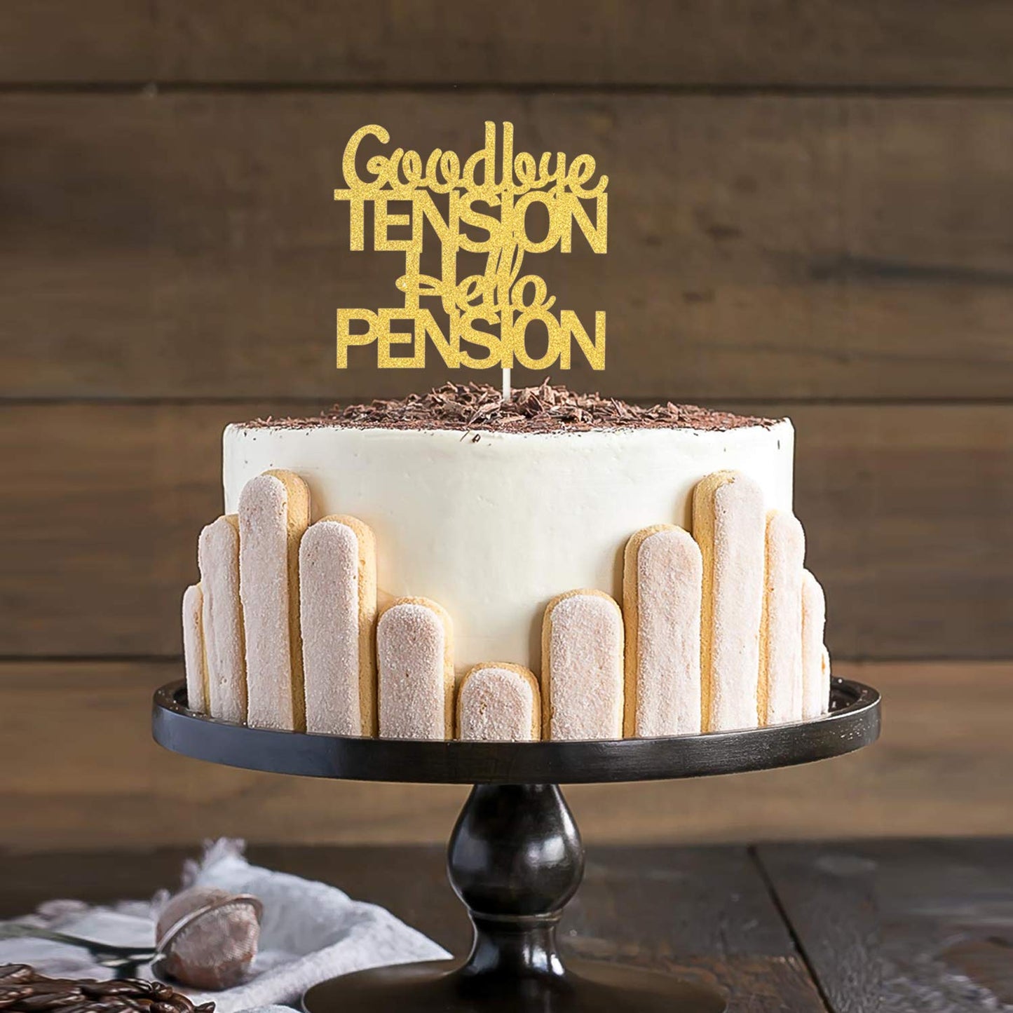 Goodbye Tension Hello Pension Cake Topper,Double Sided Gold Glitter Happy Retirement Party Decorations Leaving Party Sign