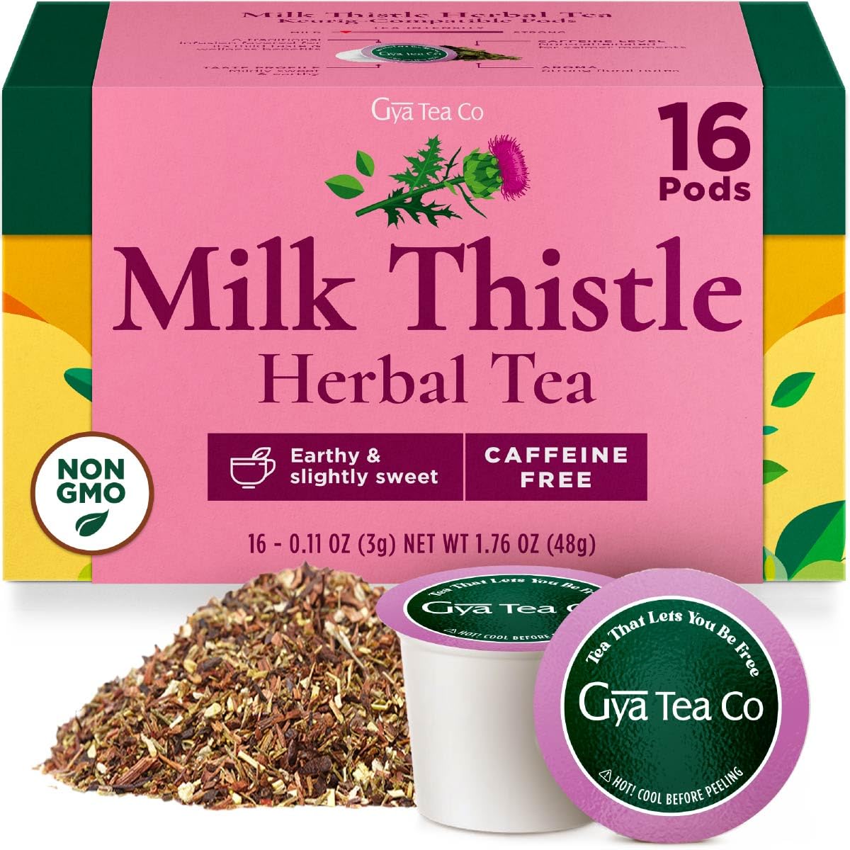 Gya Tea Co Herbal Tea Pods - Milk Thistle, 16 Count, Decaf, Mildly Earthy Flavor for Digestion Health & Wellness