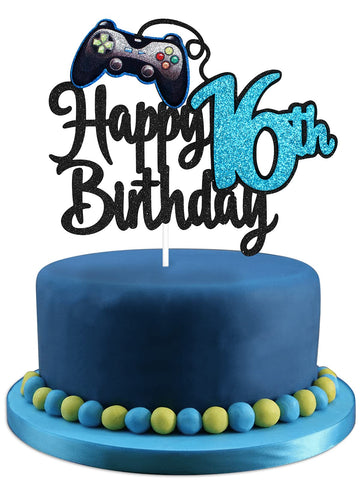 Video Game Happy 16Th Birthday Cake Topper - Video Game Boy'S 16Th Birthday Party Blue Cake Supplies - Game On Level Up Winner P