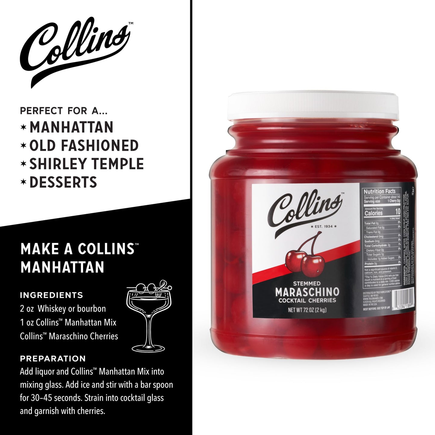 Collins Maraschino-Flavored Cherries Bulk Garnish 72 oz Set of 1 Red