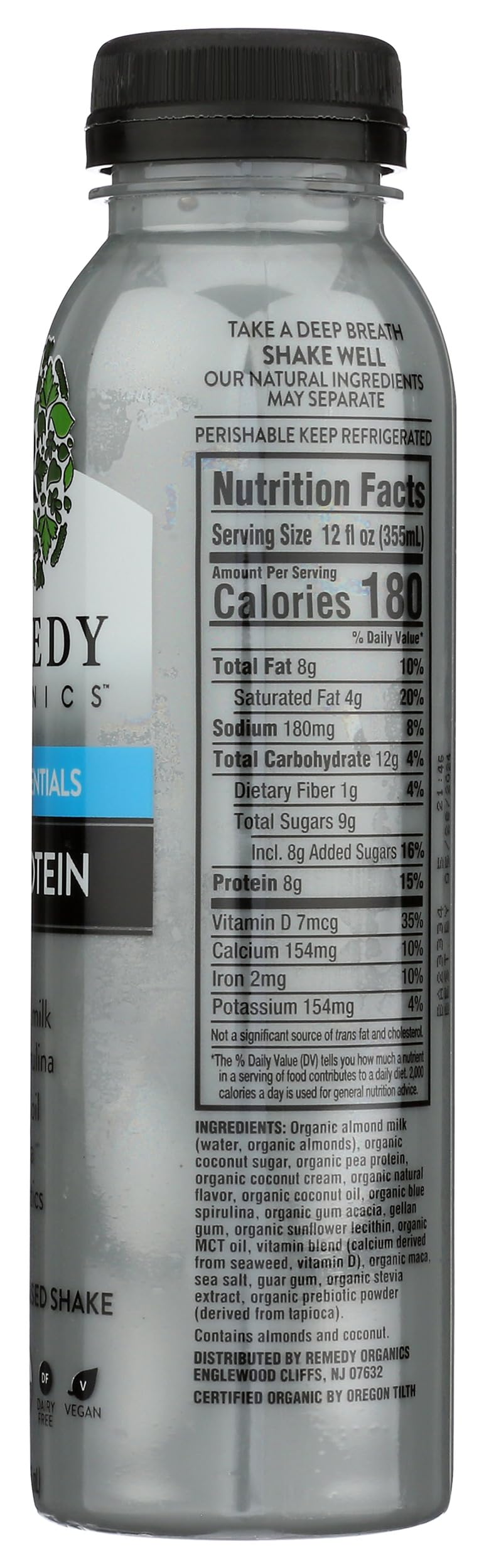 Remedy Organics Blue Essentials 12 Fl Oz | Plant Based Protein Shakes, Ready to Drink | USDA Organic, Gluten Free, Dairy Free, S