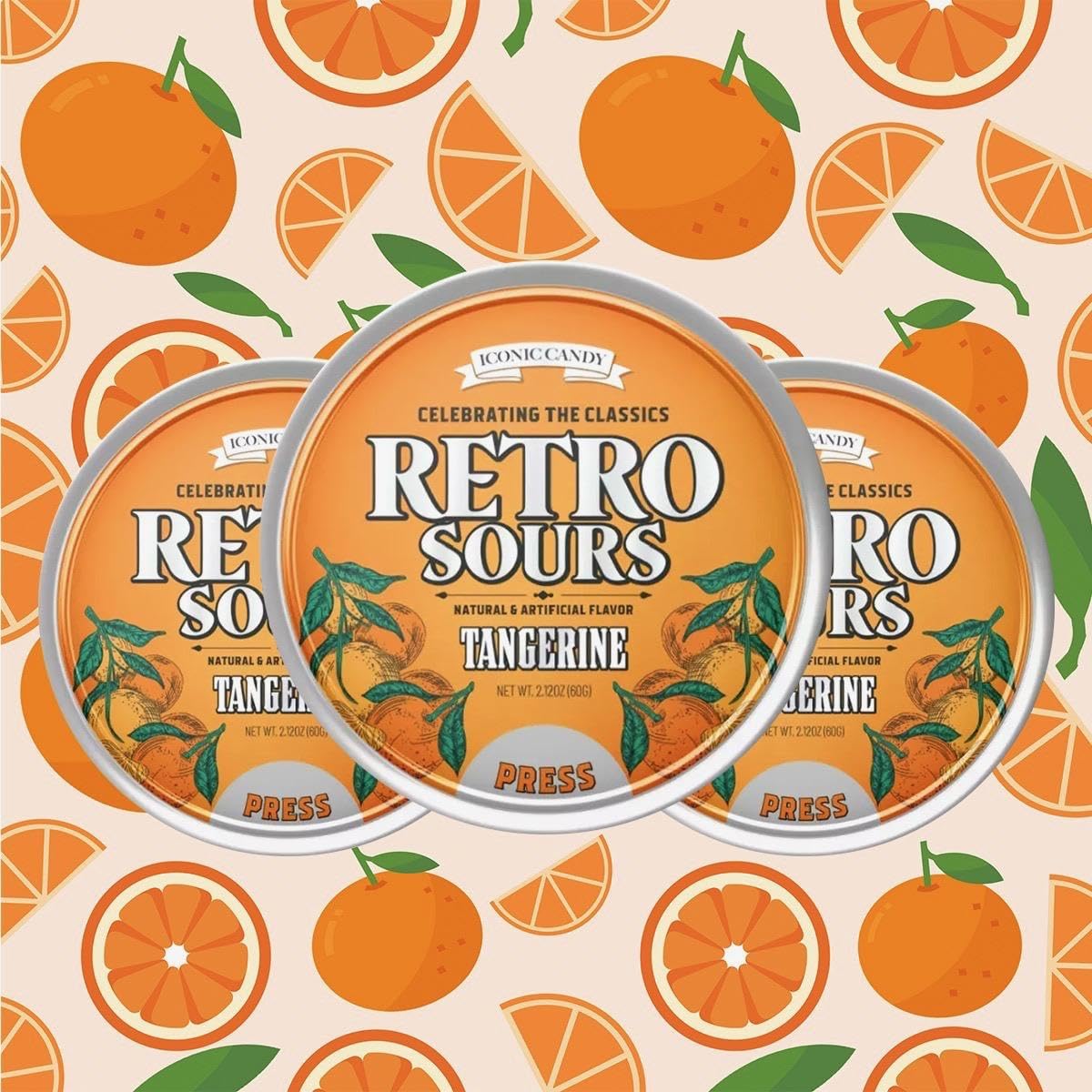 Retro Sours Hard Candy - Tangy Fruity Vintage Candy - Classic Sour Candy Gift Set Of Retro Sourtins - 3-Tin Pack 60G Each (Tangerine)