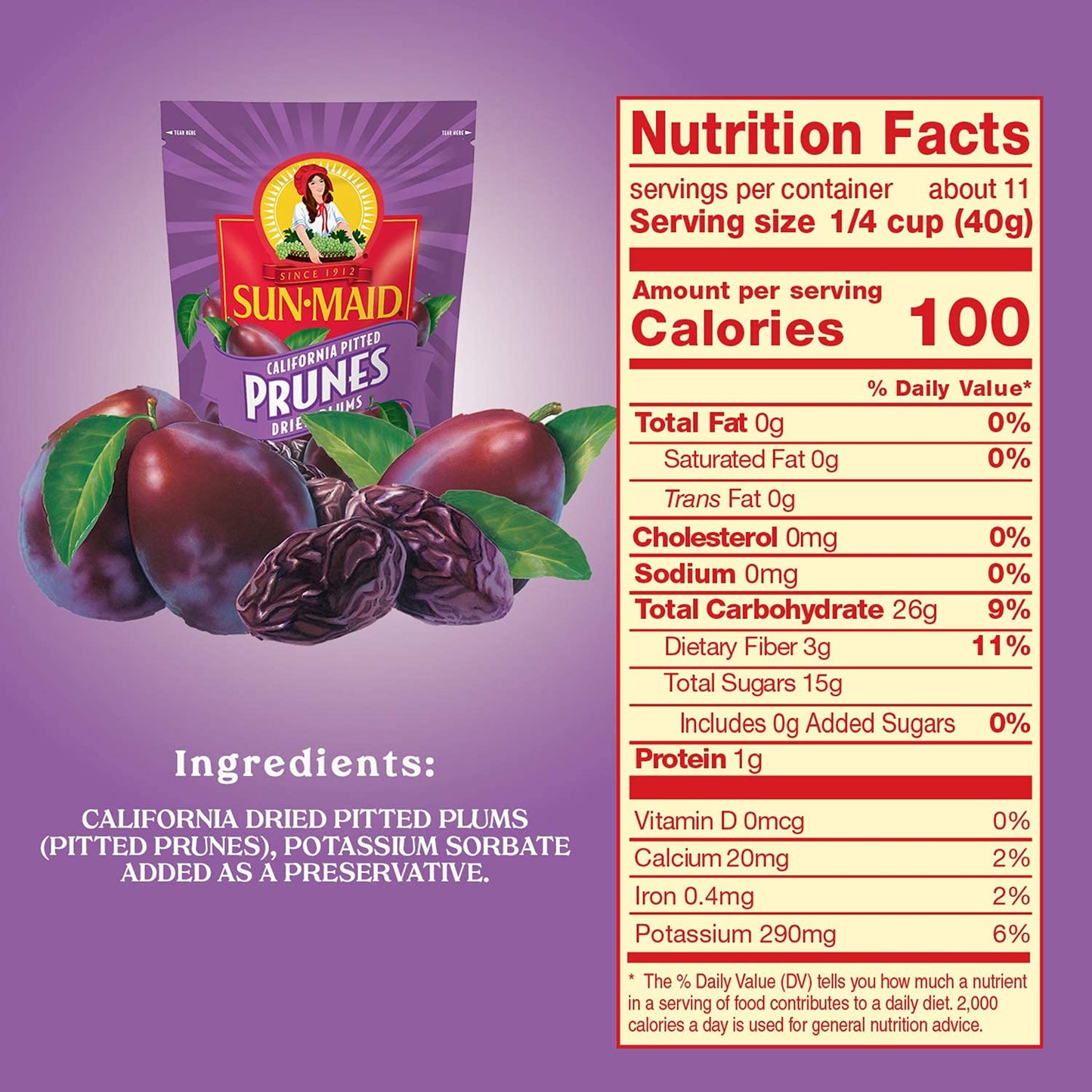 Sun-Maid Pitted Prunes, Non-Gmo, 100% Fruit, No Sugar Added, 7 Oz (Pack Of 1)