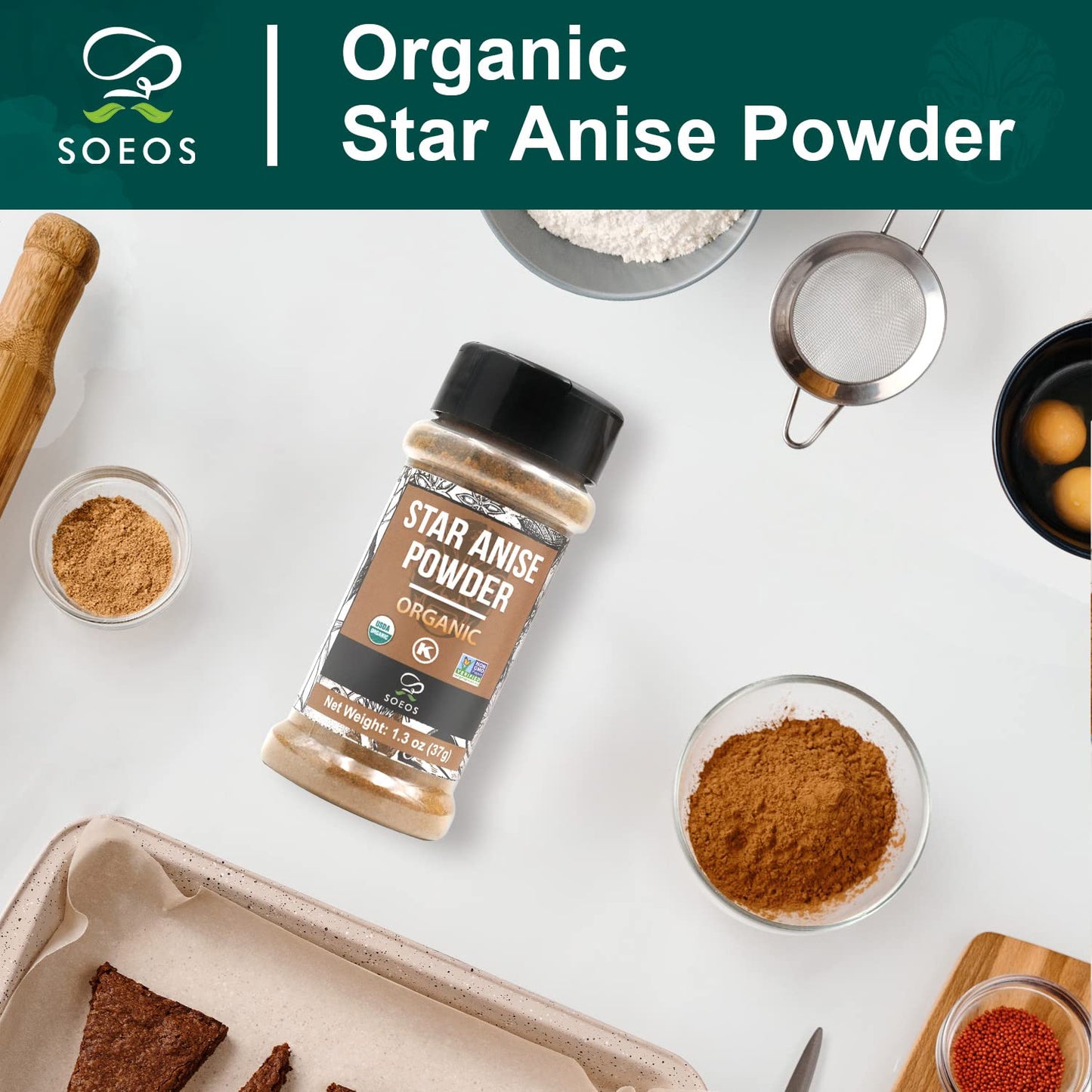 Soeos Organic Chinese Star Anise Powder 1.3 Oz (37G), Powder Chinese Star Anise, Dried Anise Star Spice, Star Anise Bulk, Anise Star, Non-Gmo Verified, Great For Baking And Tea, Anis Estrella., Brown