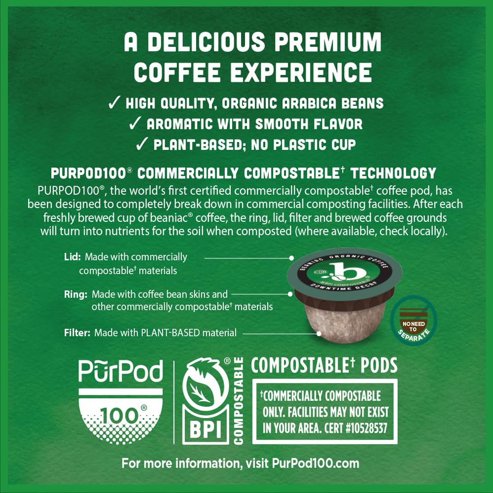 beaniac Organic Decaf Coffee Pods, Medium Roast, 30 Count Single Serve Compostable K Cups, Swiss Water Processed, Keurig Compatible