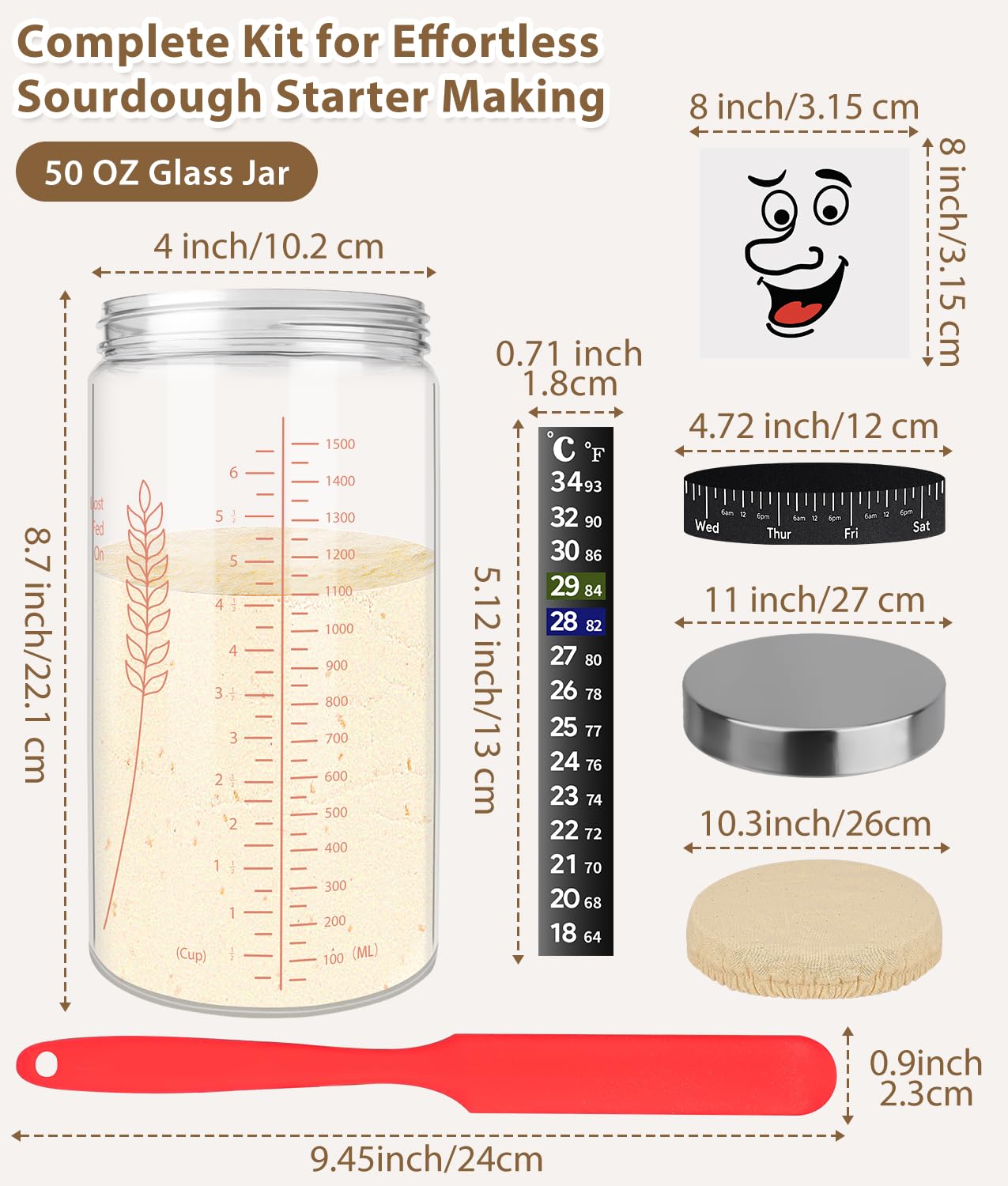 Keafont Sourdough Starter Jar Kit, 50oz Large Capacity, Wide Mouth, Red, Model KF-GLASS-RD, 1 Pack