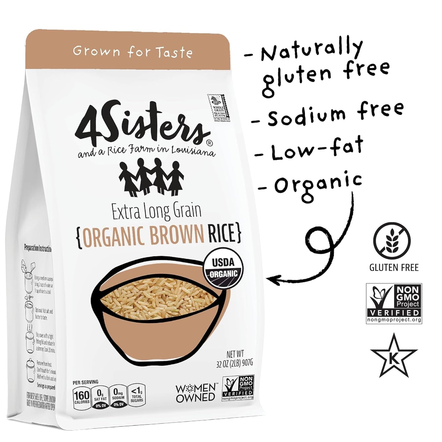 4 Sisters Long grain Brown Rice - Organic - USA grown - Sustainably grown - Women Owned - Farm to Table - 2lb