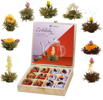 Creano Flowering Tea Abloom Tea - Blooming Tea Gift Set in Stylish Wooden Tea Box - 12 Pieces, Mix of White & Black Tea a gift f