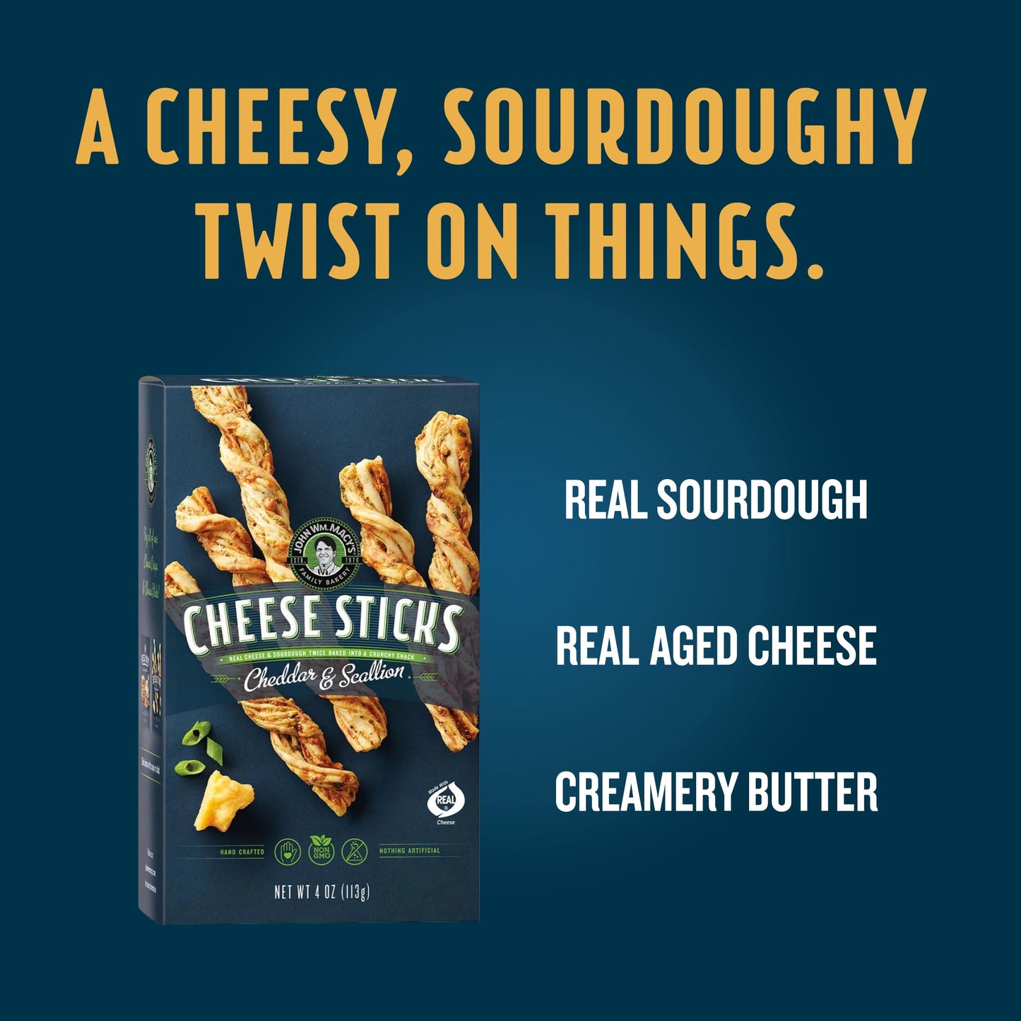 John Wm. Macy - Cheddar & Scallion CheeseSticks - Hand Crafted, Non GMO, and Nothing Artificial - Made with Real Cheese - 4 oz.