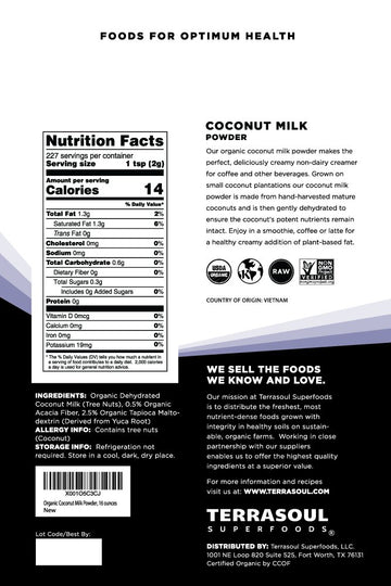 Terrasoul Superfoods Organic Coconut Milk Powder, 16 Oz - Plant-Based Creamer, Keto Friendly, 1 lb, Vegan, Dairy-Free