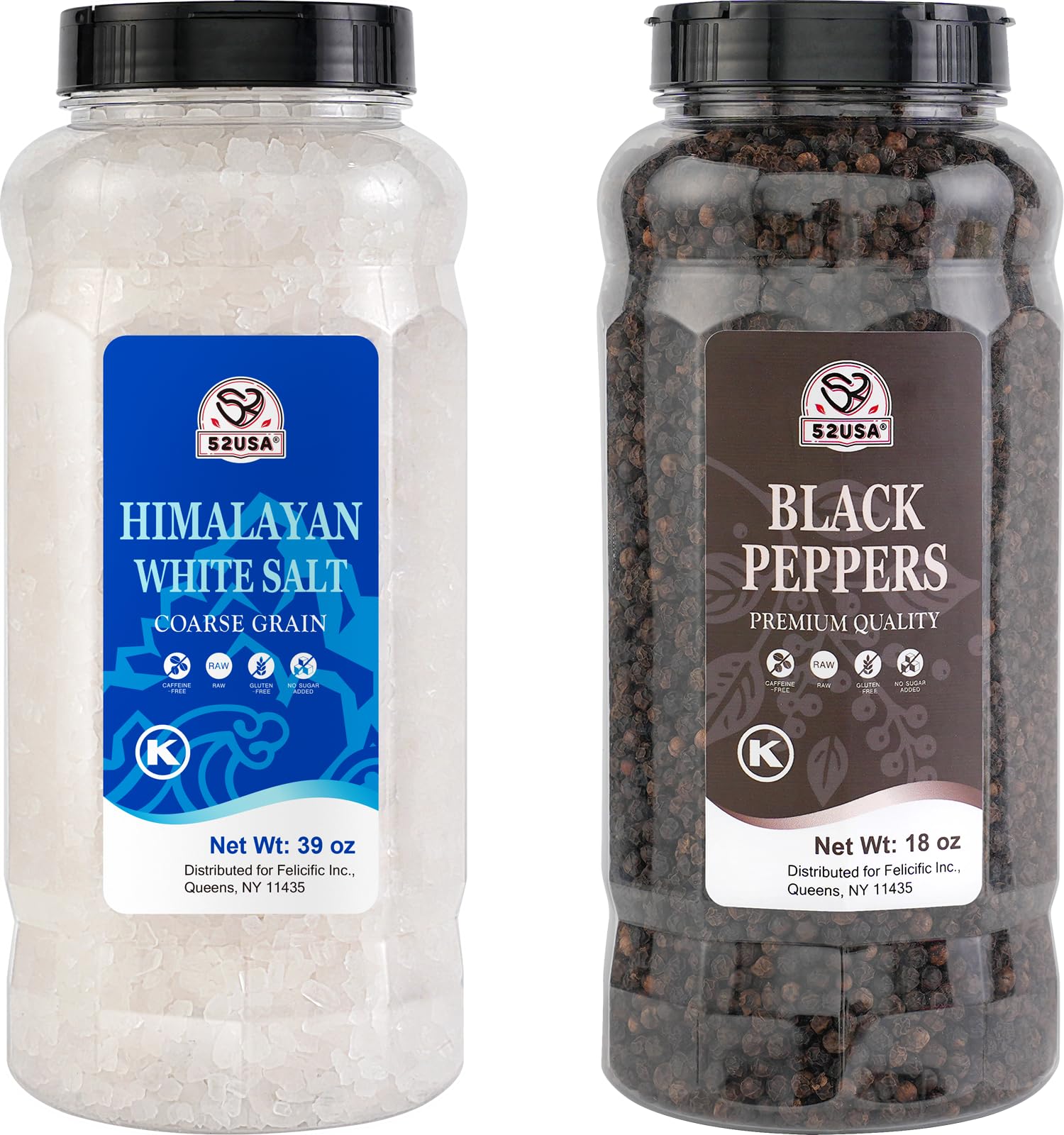 52USA Himalayan White Salt (Coarse Grain) 39 oz + Whole Black Peppercorns 18 oz, Salt and Pepper Grinder, Black Peppercorn Refil