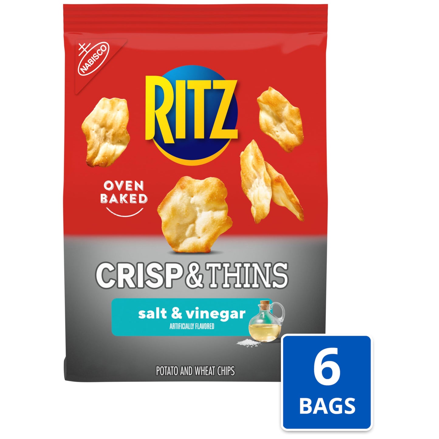 Ritz Crisp And Thins Salt And Vinegar Chips, Party Snacks, Bulk Snacks, 6 - 7.1 Oz Bags
