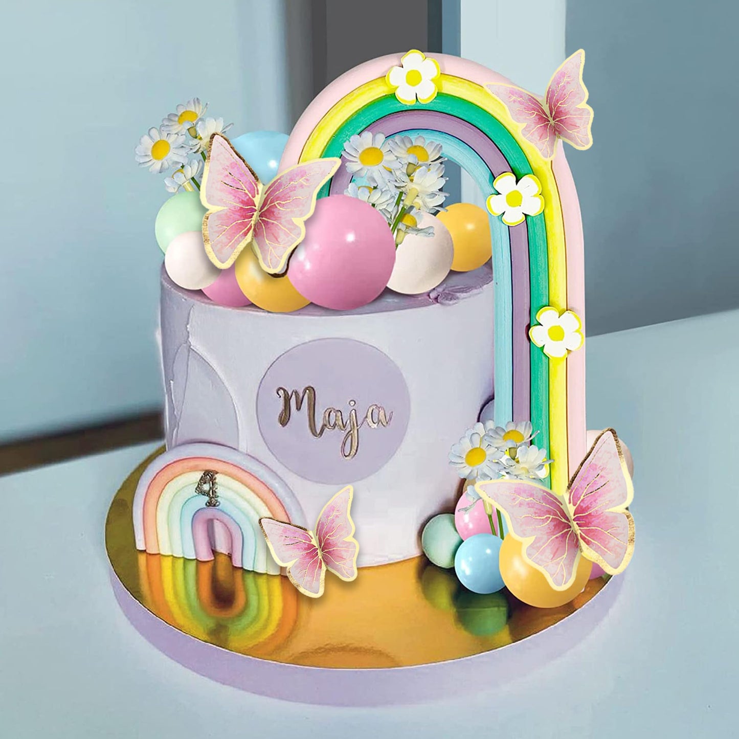25PCS DRWATE Rainbow Cake Topper Balls - Colorful Boho Decorations with Macaron Balls & Flowers for Baby Showers & Birthday Parties