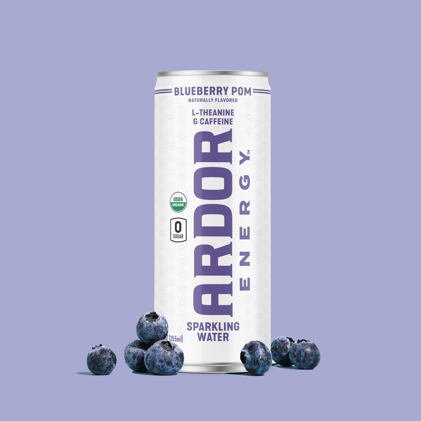 ARDOR Sparkling Water Blueberry Pom, 100mg Organic Caffeine, 200mg L-Theanine, 12 Fl Oz (Pack of 12), Vegan, Gluten Free