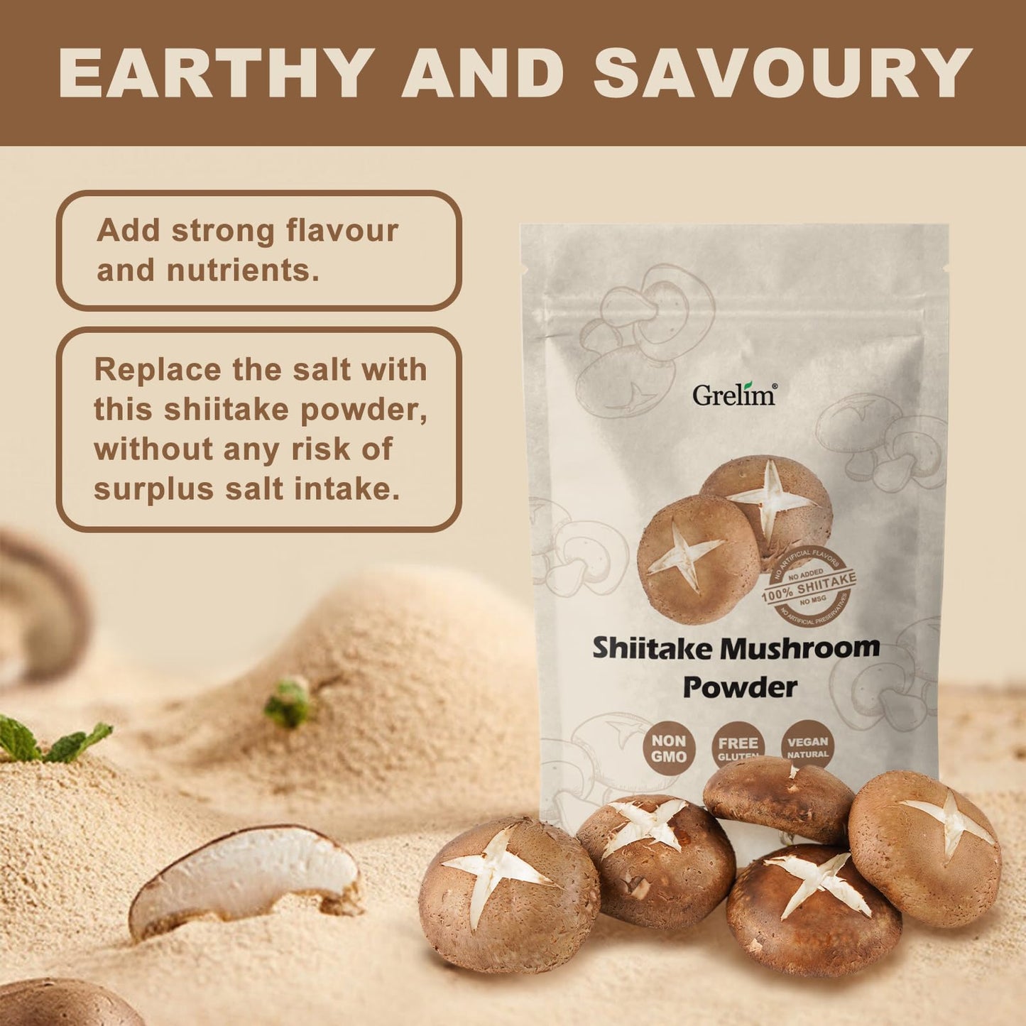 GRELIM Shiitake Mushroom Powder 8 Oz, No Additive, Gluten-Free, Non-GMO Great for Sauce, Soup, and Mushroom Coffee 227g