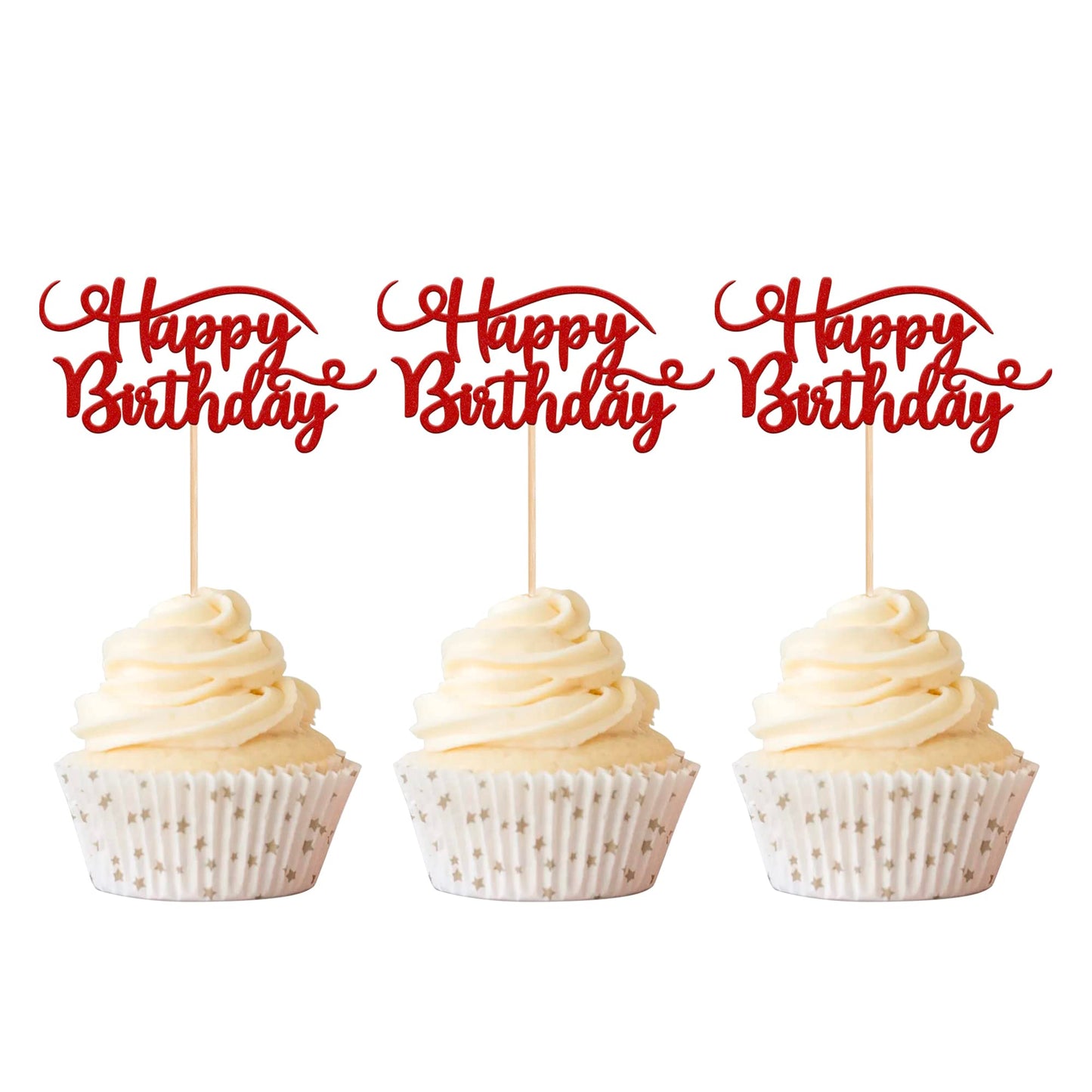 Rsstarxi 24 Pack Cupcake Toppers, Glitter Birthday Food Picks, Red, Model XM003-Red, Ideal for Happy Birthday Theme Party Decorations