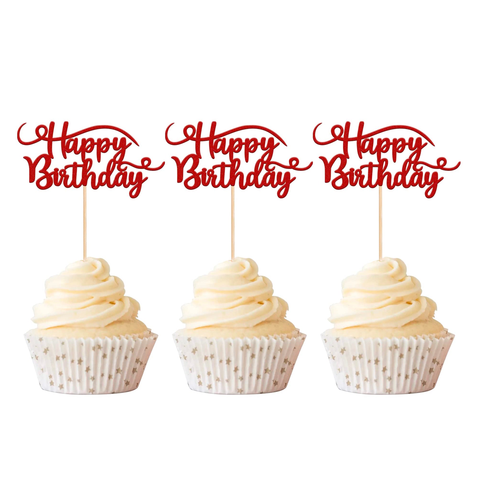 Rsstarxi 24 Pack Cupcake Toppers, Glitter Birthday Food Picks, Red, Model XM003-Red, Ideal for Happy Birthday Theme Party Decorations
