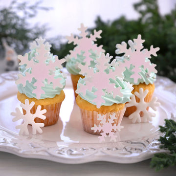 Gyufise 50Pcs Pink Edible Cupcake Cake Toppers Snowflake Cake Decorations For Christmas Winter Frozen Theme Party Supply Decorat