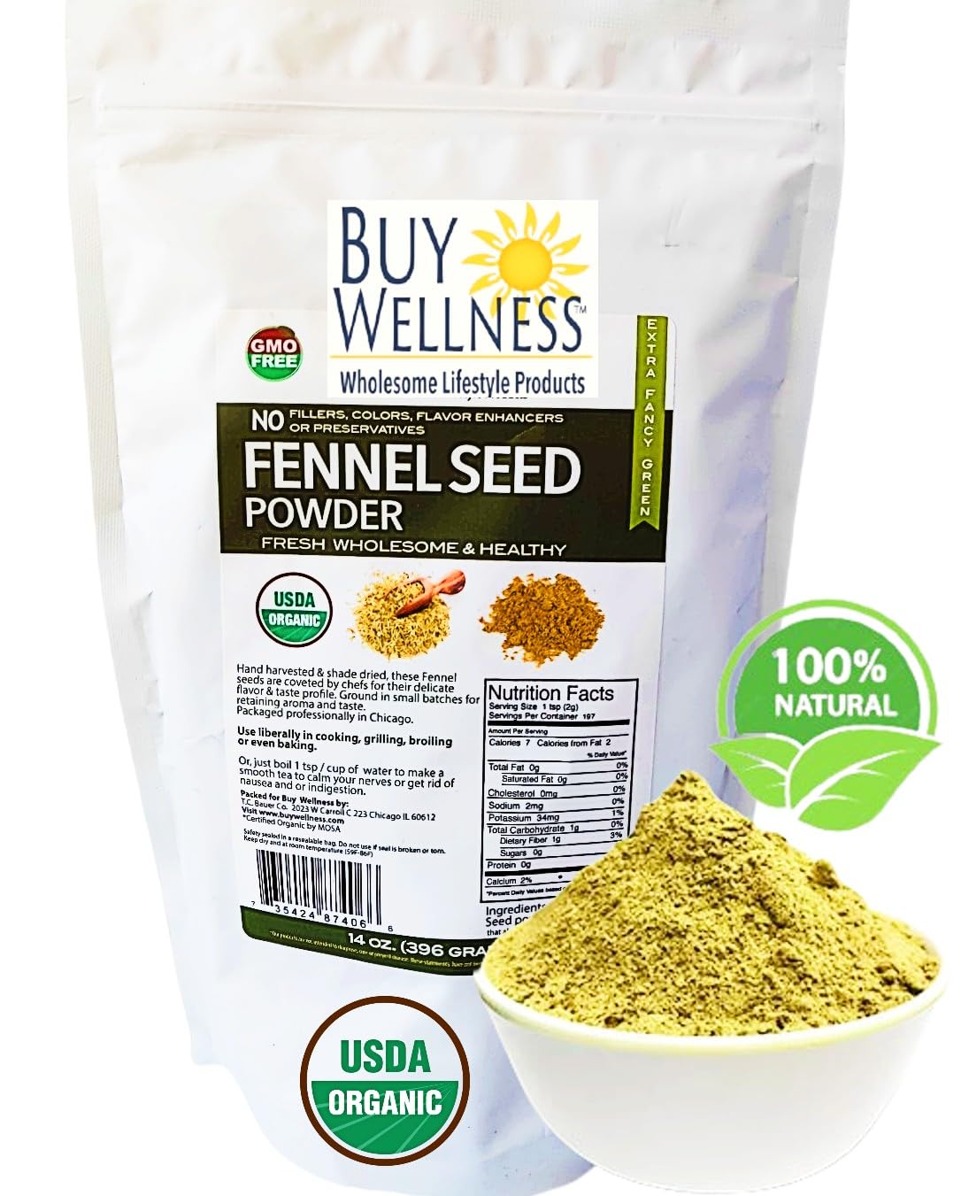 Buy Wellness Organic Fennel Seeds Powder, Non-GMO, Gluten-Free, 16 oz Bulk Pack