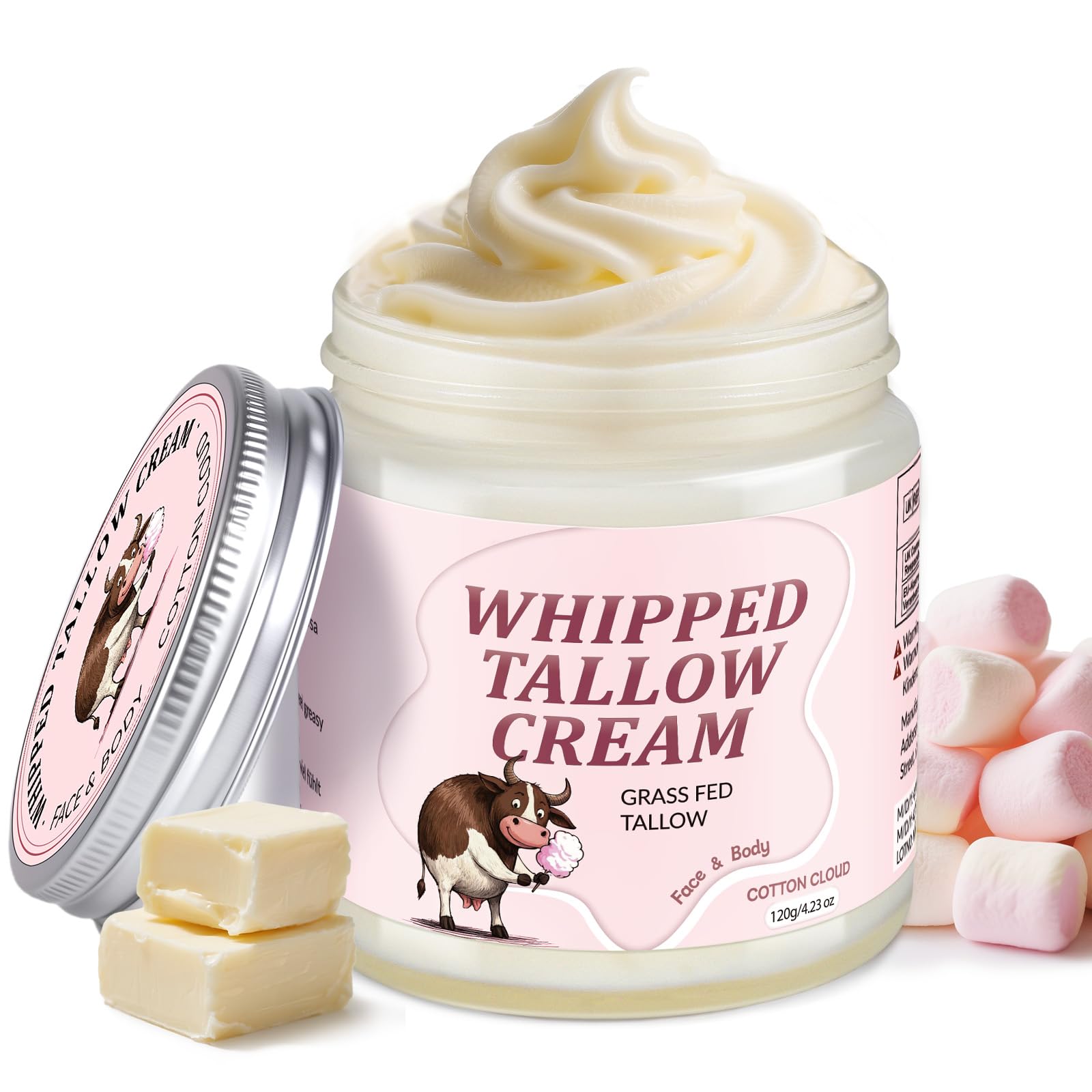 JUANCHI 100% Grass Fed Beef Tallow Moisturizer, 4.2oz Organic Whipped Cream for Face & Body, Natural for Dry & Sensitive Skin