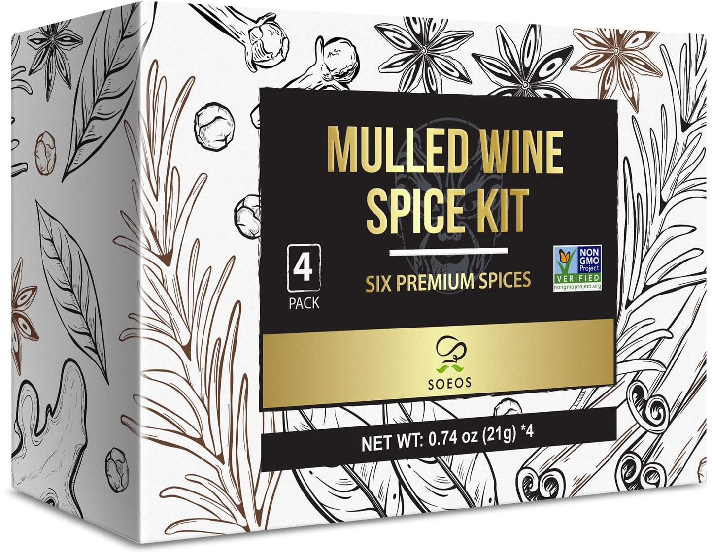 Soeos Mulled Wine Spice Kit, Six Premium Spices, 2.96 oz (0.74 oz*4), Model SOE-WSK-084-436