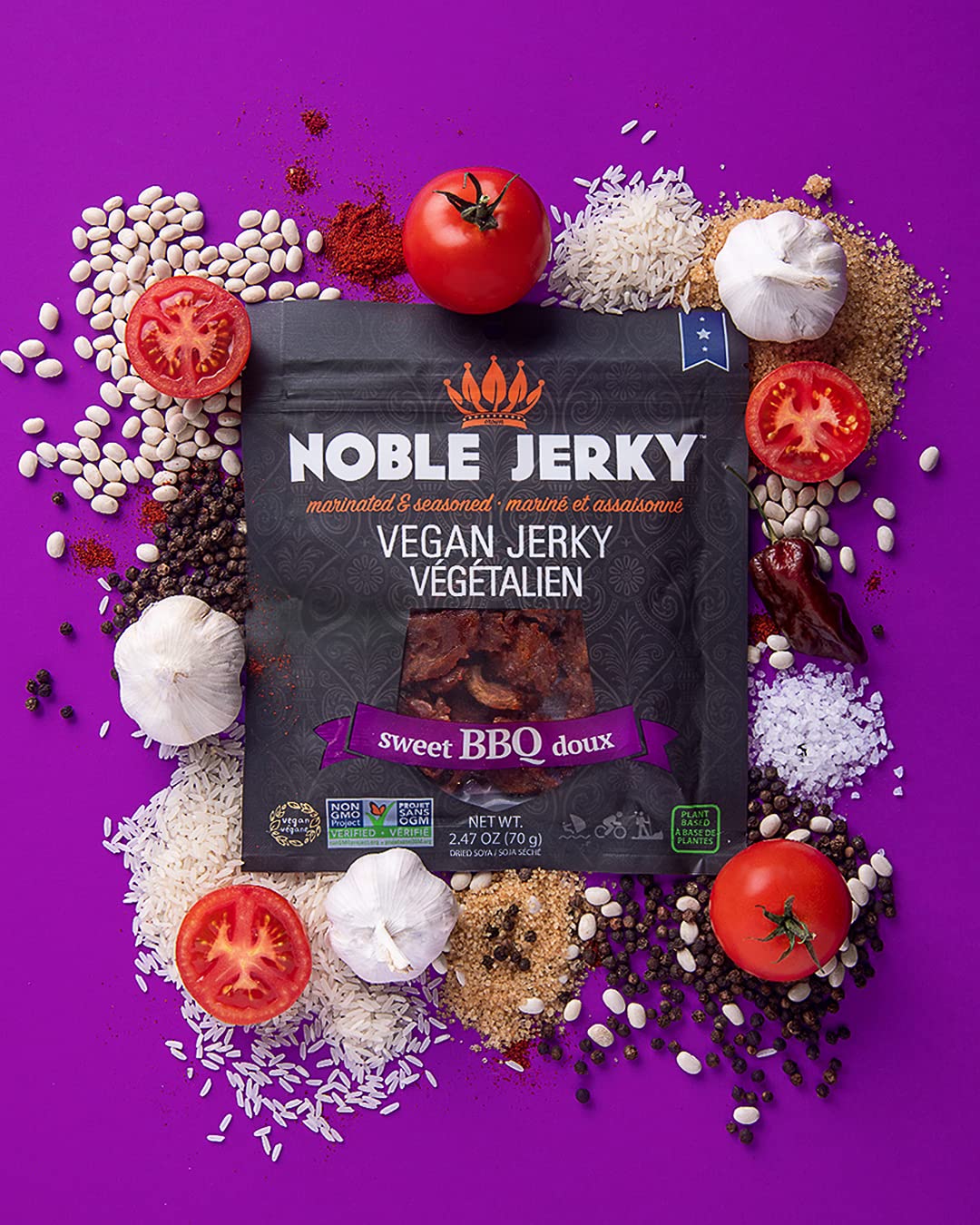 Noble Jerky - Vegan Jerky, Plant-Based High Protein Snack, Vegetarian, Non-GMO, BBQ Flavor, 3 Pack (70g Bags), 14g Protein Per B