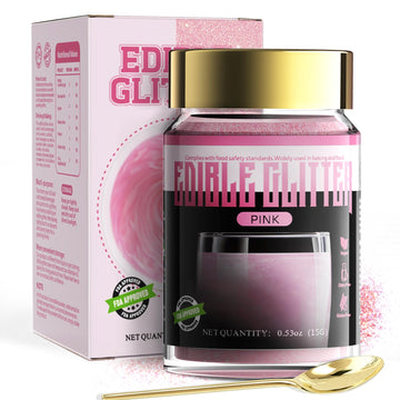 LOCDO Edible Glitter, Food Grade Luster Dust, Vegan, Allergen-Free, Large 15G, Pink