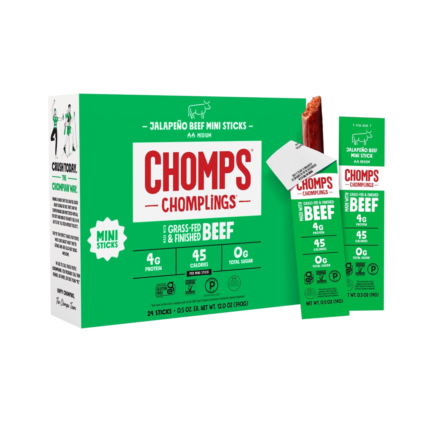 Chomps Snack Size Grass-Fed And Finished Jalapeo Beef Jerky Snack Sticks 0.5Oz 24-Pack - Keto  Paleo  Whole30  4G Lean Meat Protein  Gluten-Free  Zero Sugar Food  Non-Gmo Chomplings