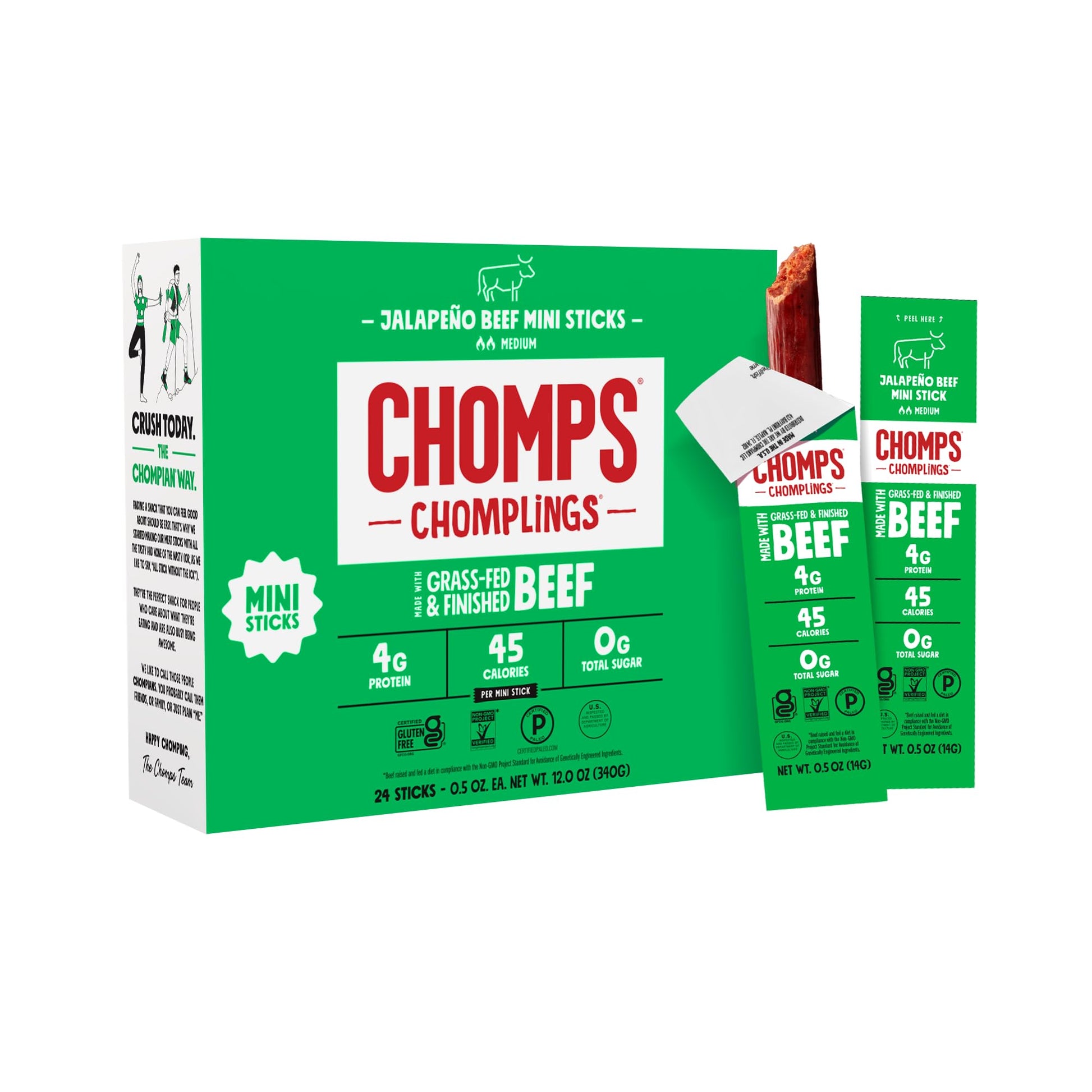 Chomps Snack Size Grass-Fed And Finished Jalapeo Beef Jerky Snack Sticks 0.5Oz 24-Pack - Keto  Paleo  Whole30  4G Lean Meat Protein  Gluten-Free  Zero Sugar Food  Non-Gmo Chomplings