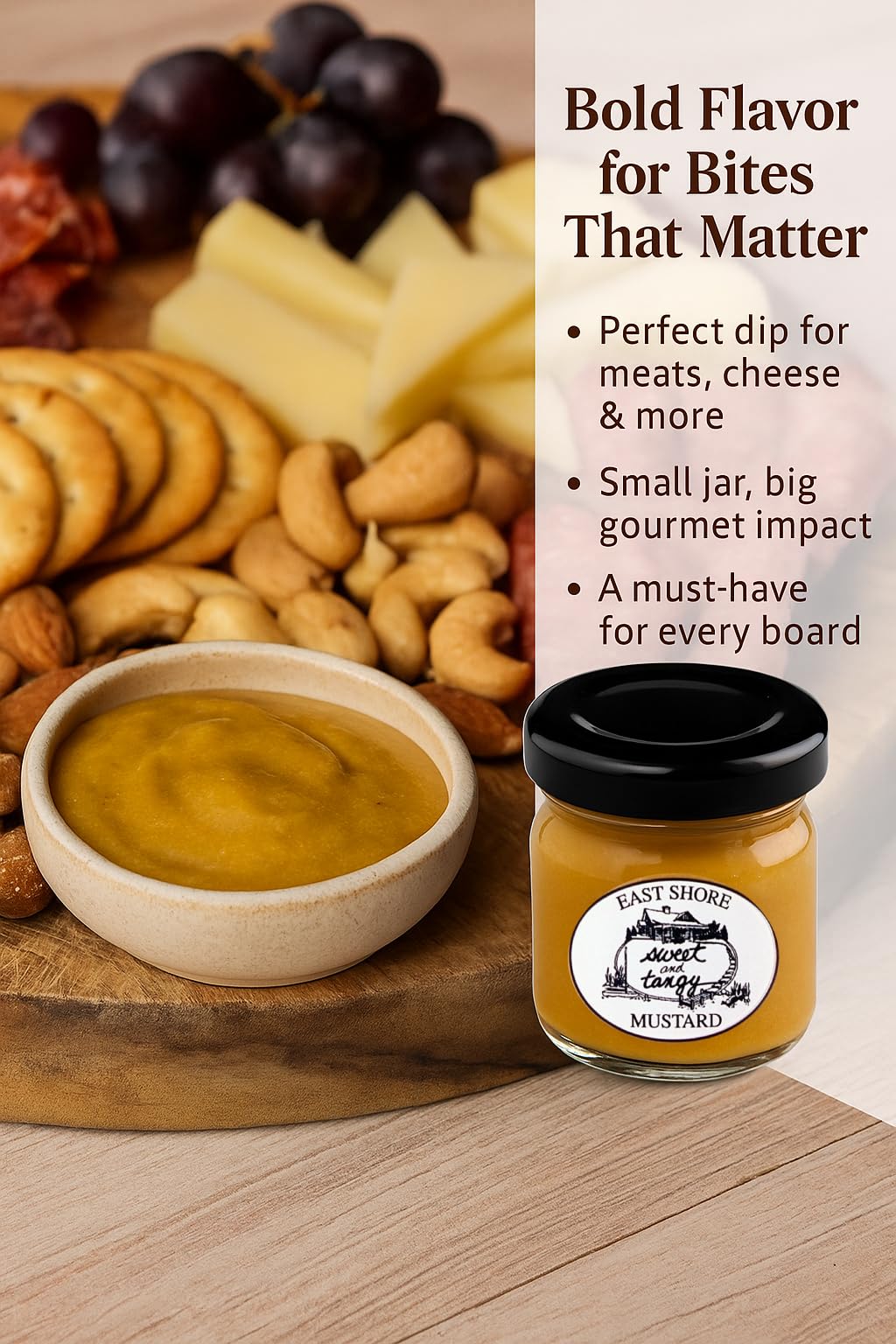 EASTSHORE Sweet & Tangy Mustard - Gourmet Dipping Mustard, 6 Pack of 1.4 oz Mini Jars, No Salt Added, Perfect for Travel & Gift Baskets