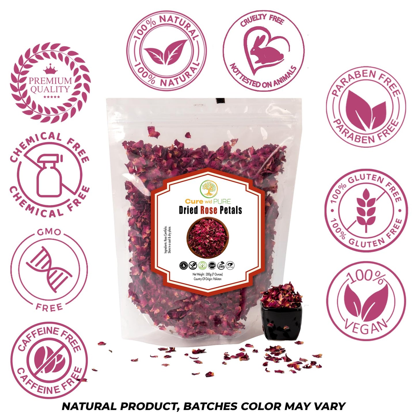 Cure wid Pure Dried Rose Petals, Edible Flowers for Cocktails & Baking, 7oz