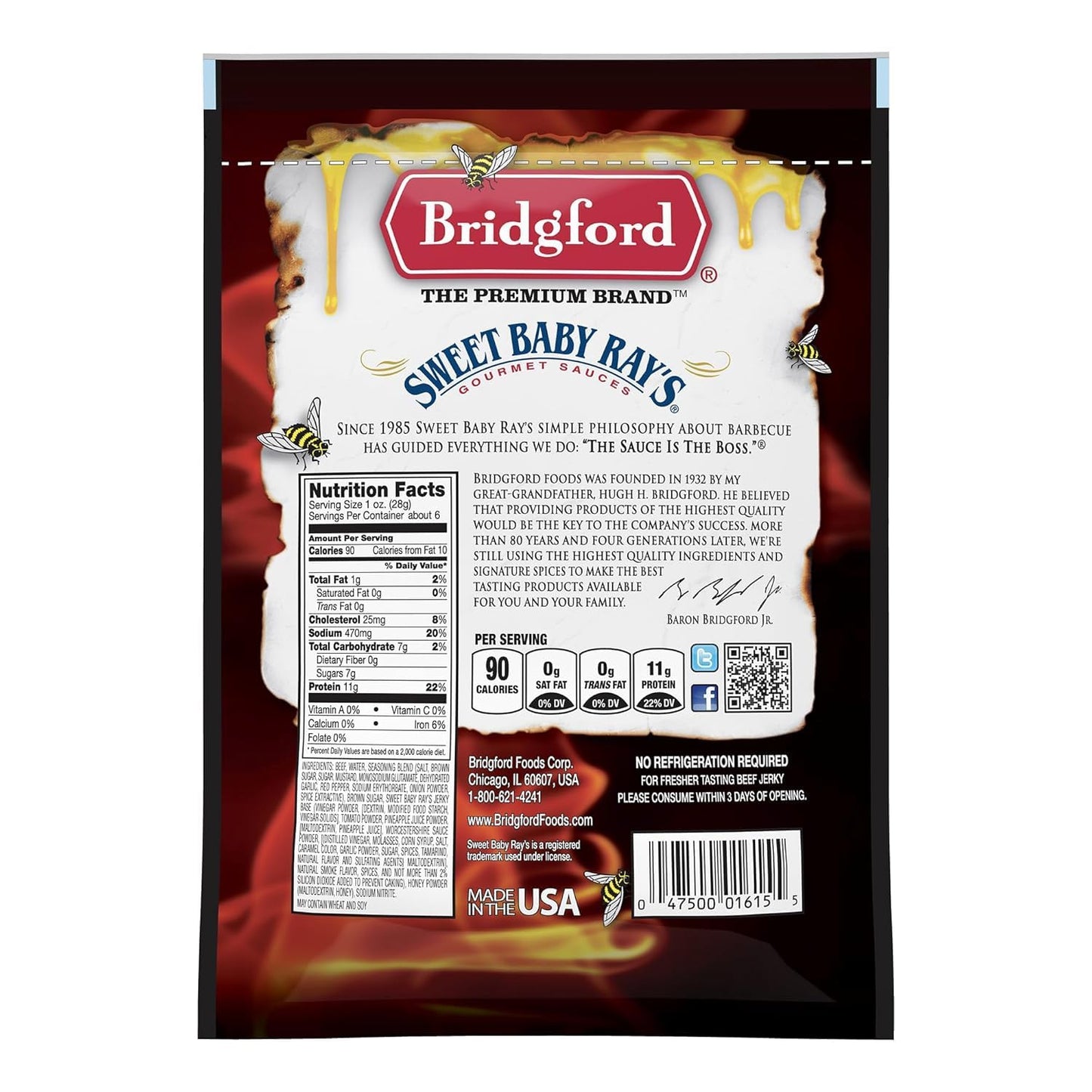 Bridgford Beef Jerky Honey BBQ, High Protein, 6.2 oz Pack of 3, Naturally Smoked Meat Snacks for On-the-Go Snacking