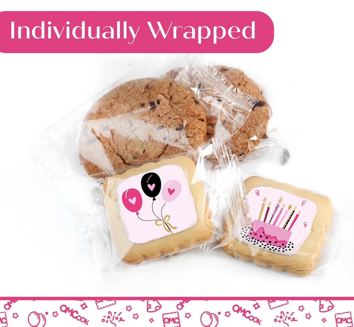 Happy Birthday Gift Basket Cookies Chocolate Chip Cookie Fudge Filled For Her Women Girls Kids | Individually Wrapped Pink Treat Food Package