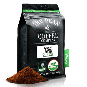 The Bean Organic Coffee Company Water Processed DECAF Aloha Bean (Hawaiian Hazelnut), Medium Roast, Ground Coffee, 16-Ounce Bag,