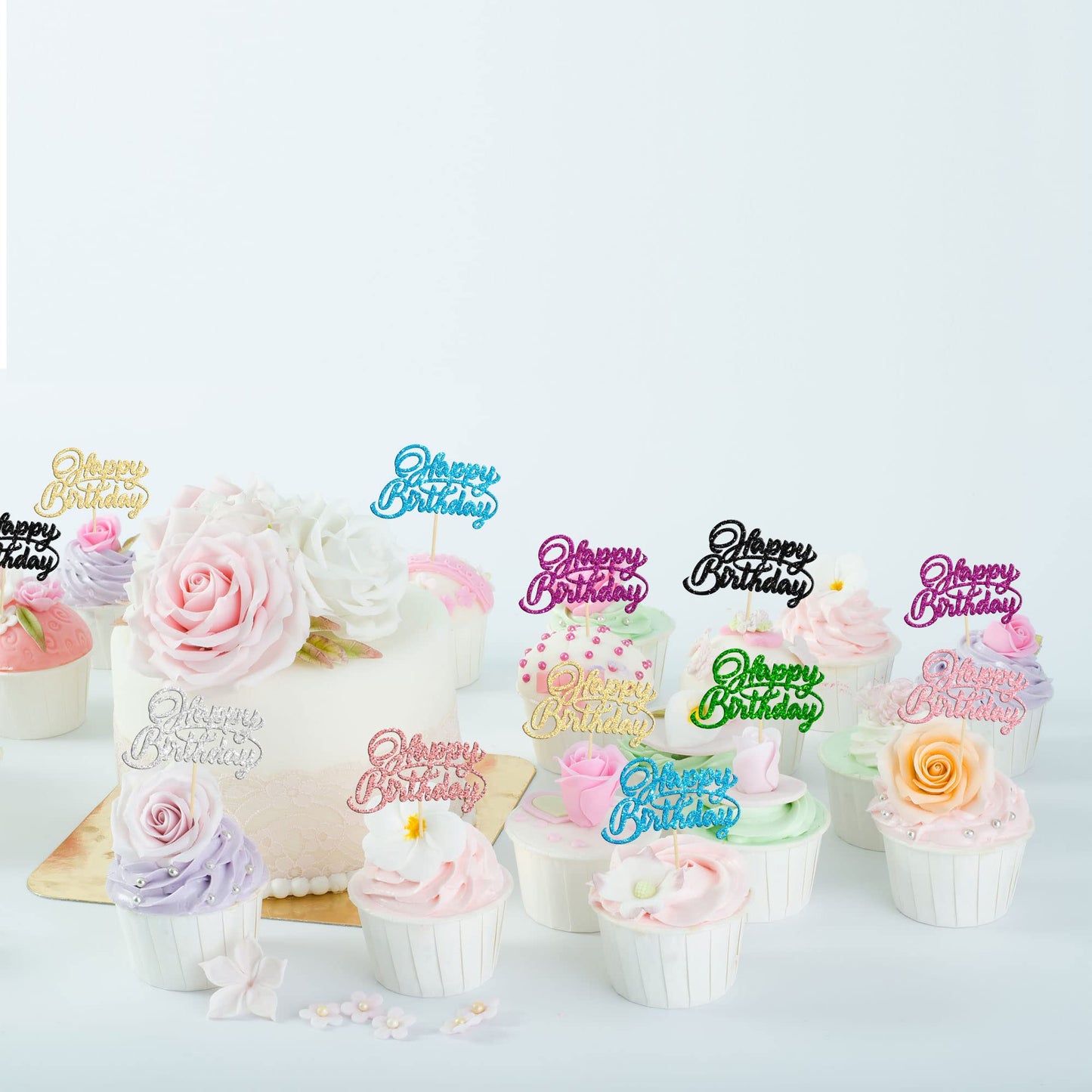 24Pcs Happy Birthday Cupcake Toppers 8 Colors Glitter Birthday Cupcake Picks For Celebrating Baby Shower Kids Birthday Anniversa