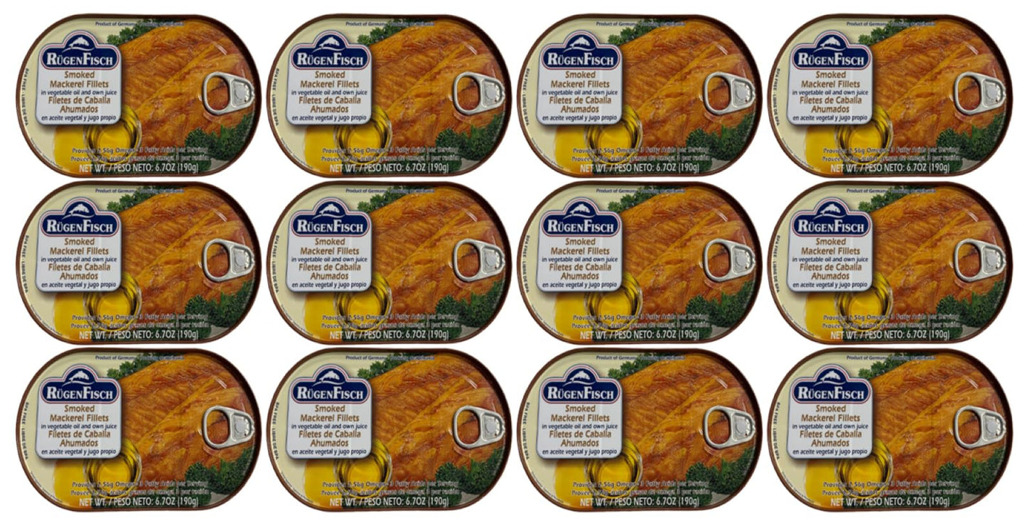 Rügen Fisch Herring & Mackerel Fillets Assorted Sauces, 6.7 oz (Pack of 12), Smoked Mackerel in Vegetable Oil