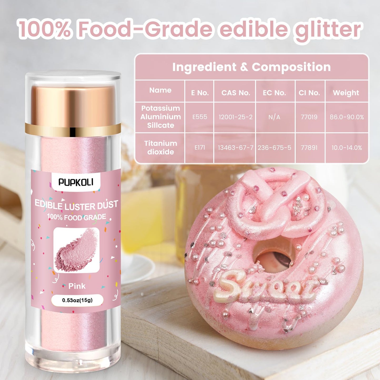 Pink Edible Glitter For Cakes And Cocktails, 15G Food-Grade Pink Luster Dust Edible Shimmer Powder For Drinks,Baking,Easter Egg