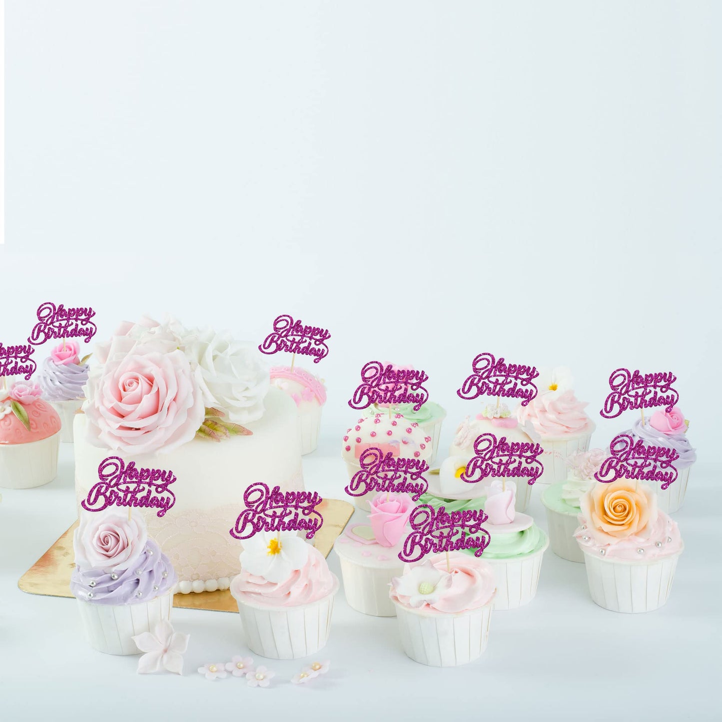 24Pcs Happy Birthday Cupcake Toppers Purple Glitter Birthday Cupcake Food Picks For Celebrating Happy Birthday Party Cake Decora
