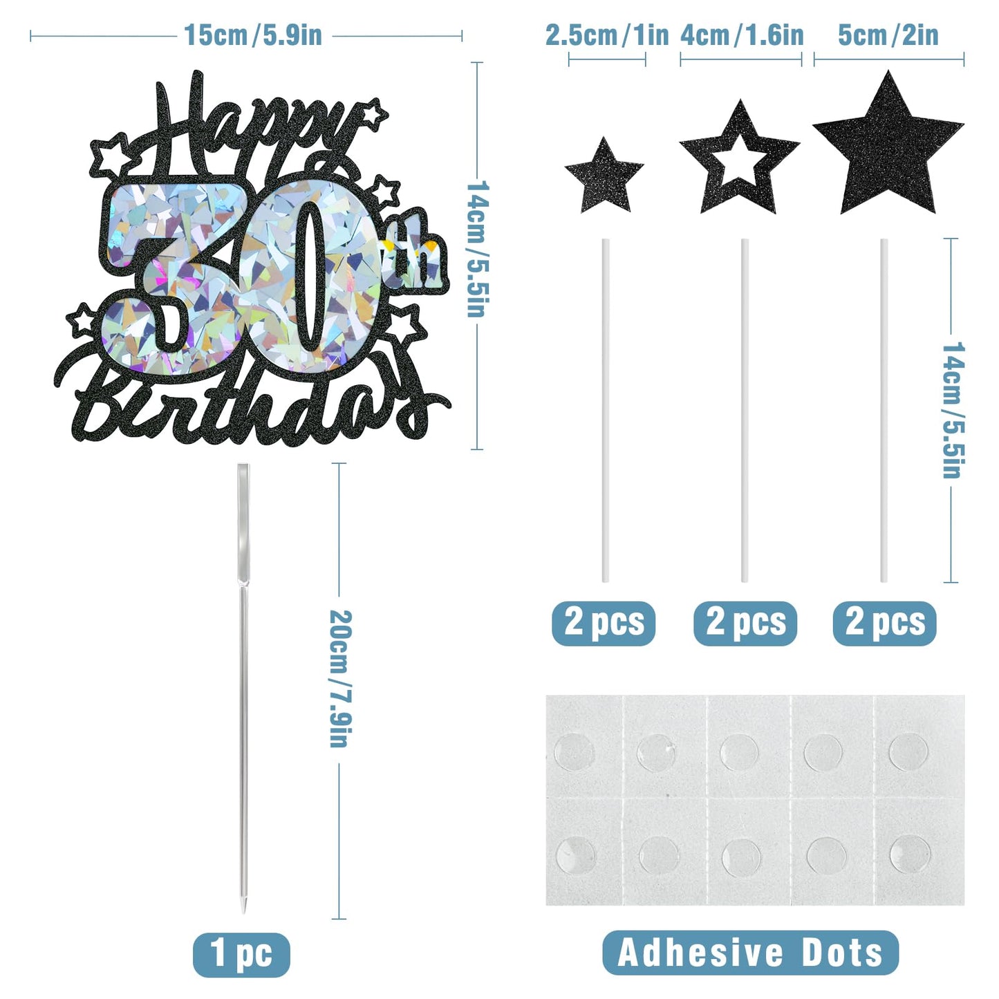 Happy 30Th Birthday Cake Topper, Black Glitter And Gem Patterns Card Stock Cake Toppers, 30 Year Birthday Party Cake Decoration