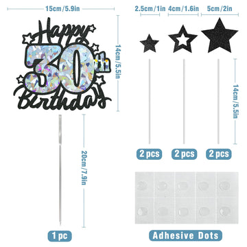 Happy 30Th Birthday Cake Topper, Black Glitter And Gem Patterns Card Stock Cake Toppers, 30 Year Birthday Party Cake Decoration