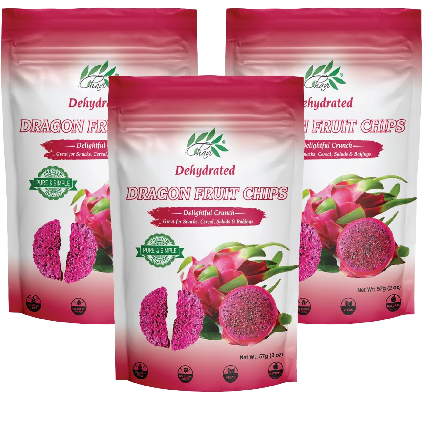 Chavi Dragon Fruit Chips - Pack Of 3 X 2 Oz - Healthy 1 Ingredient Superfood Snack - No Added Sugars Or Preservatives - Non-Gmo,