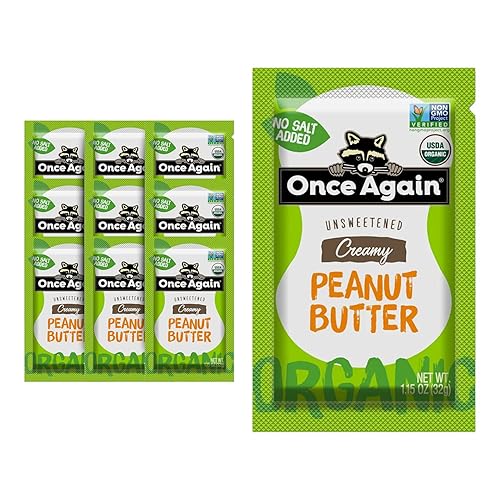 Once Again Organic creamy Peanut Butter - 1.15oz Squeeze Packs 10 count - Salt Free Unsweetened - USDA Organic gluten Free certi