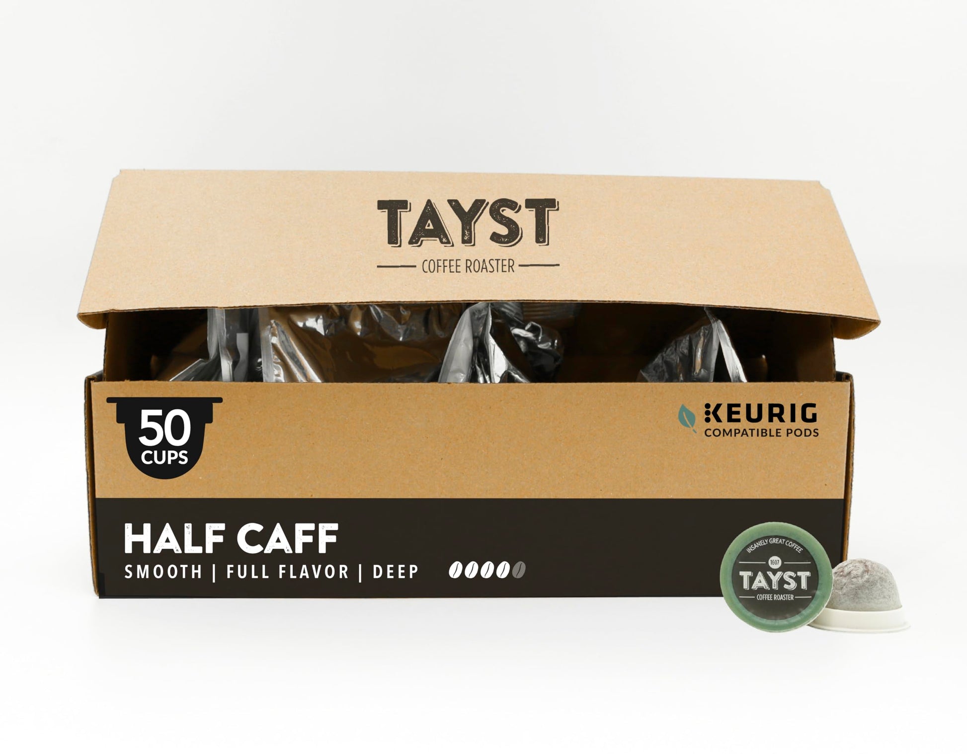 Tayst Coffee Pods, Half Caff Dark Roast, Compatible with Keurig, 50 Count Pack