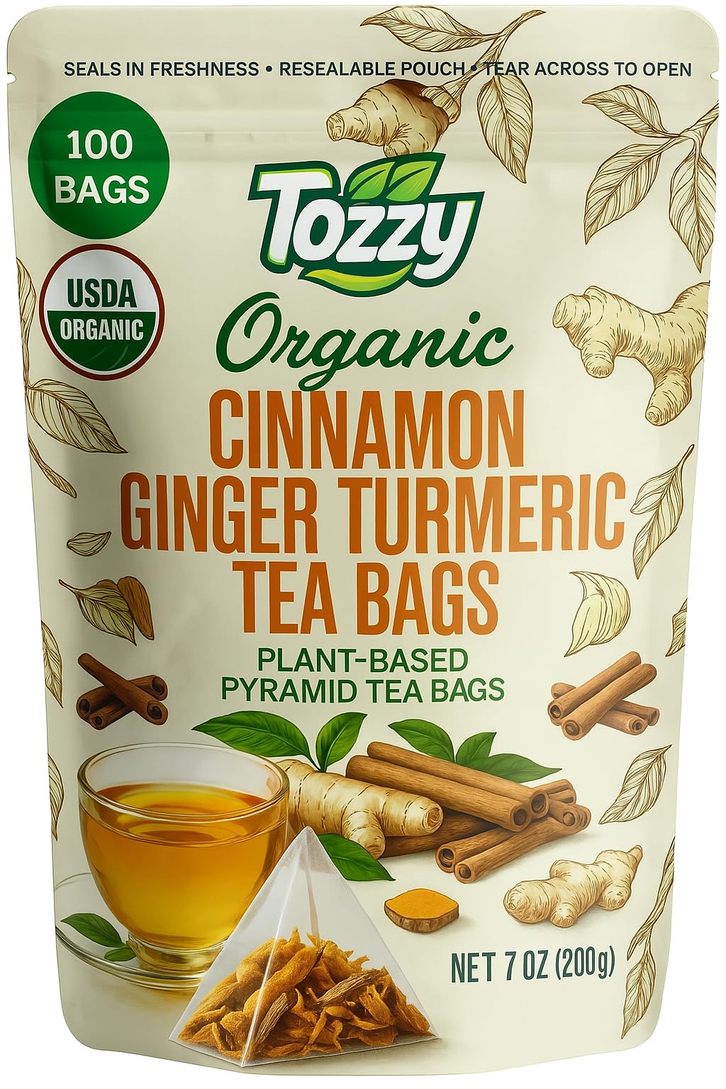 TOZZY Organic Turmeric, Ginger & Cinnamon Tea - 100 Pyramid Bags - Plant-Based, Eco-Conscious Ingredients