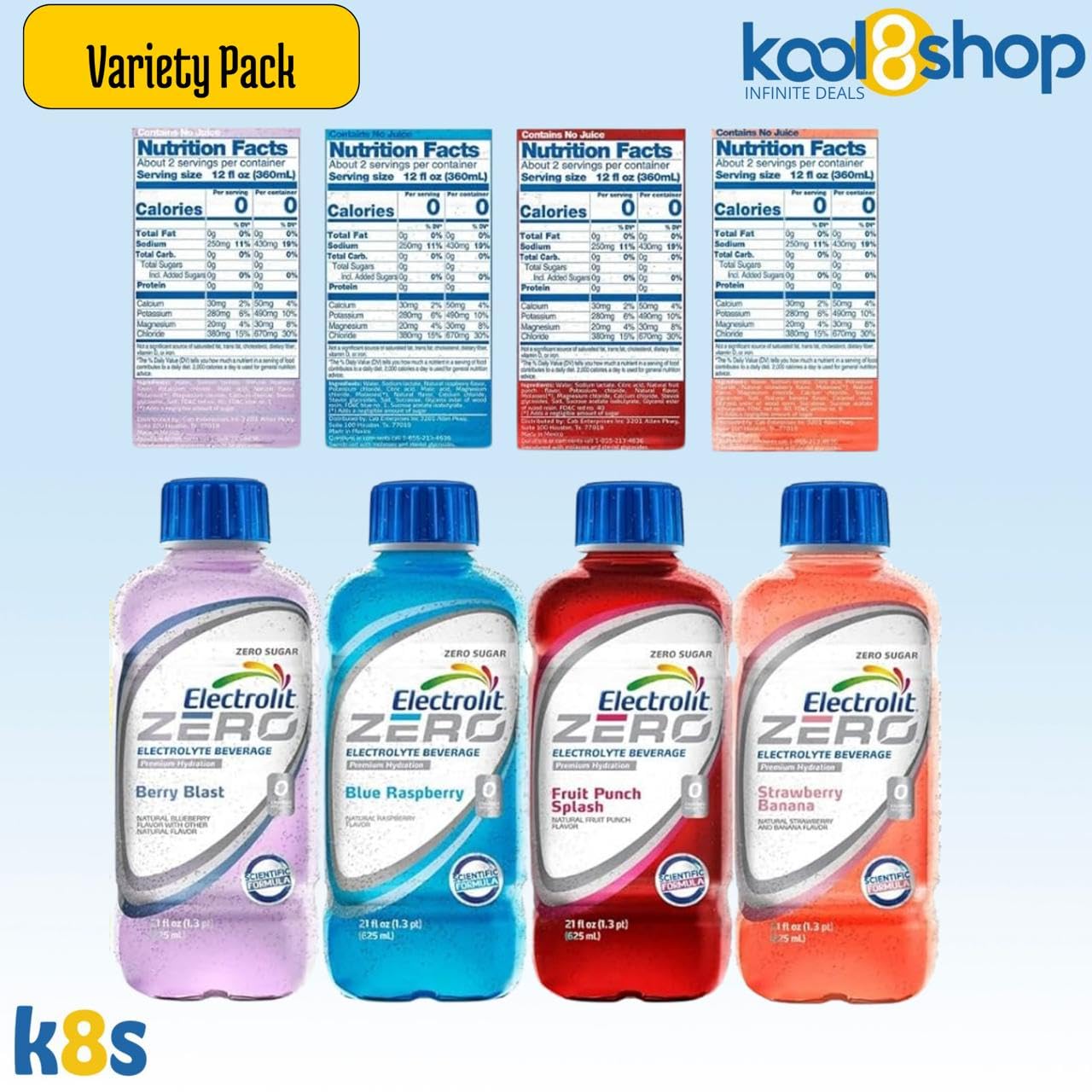 Electrolit Zero Variety Pack Hydration Drink with Electrolytes 21 fl oz Plastic Bottle 10 Pack + 1 Microfiber Cooling Towel by K