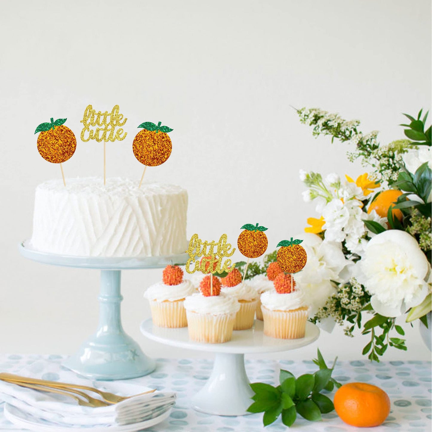 Gyufise 24Pcs Little Cutie Cupcake Toppers Glitter Orange Cupcake Picks For Citrus Theme Baby Shower Kids Birthday Party Cake De